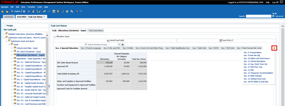 Selecting a form in the expanded data input forms